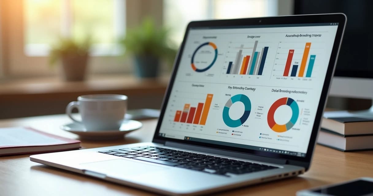 Computador com tela exibindo gráficos coloridos de branding digital em ambiente de escritório moderno e iluminação natural