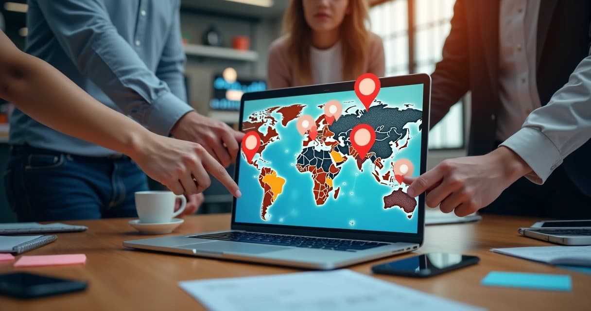 Mesa de trabalho com laptop aberto mostrando mapa digital, pessoas colaborando e ícones de localização e redes sociais