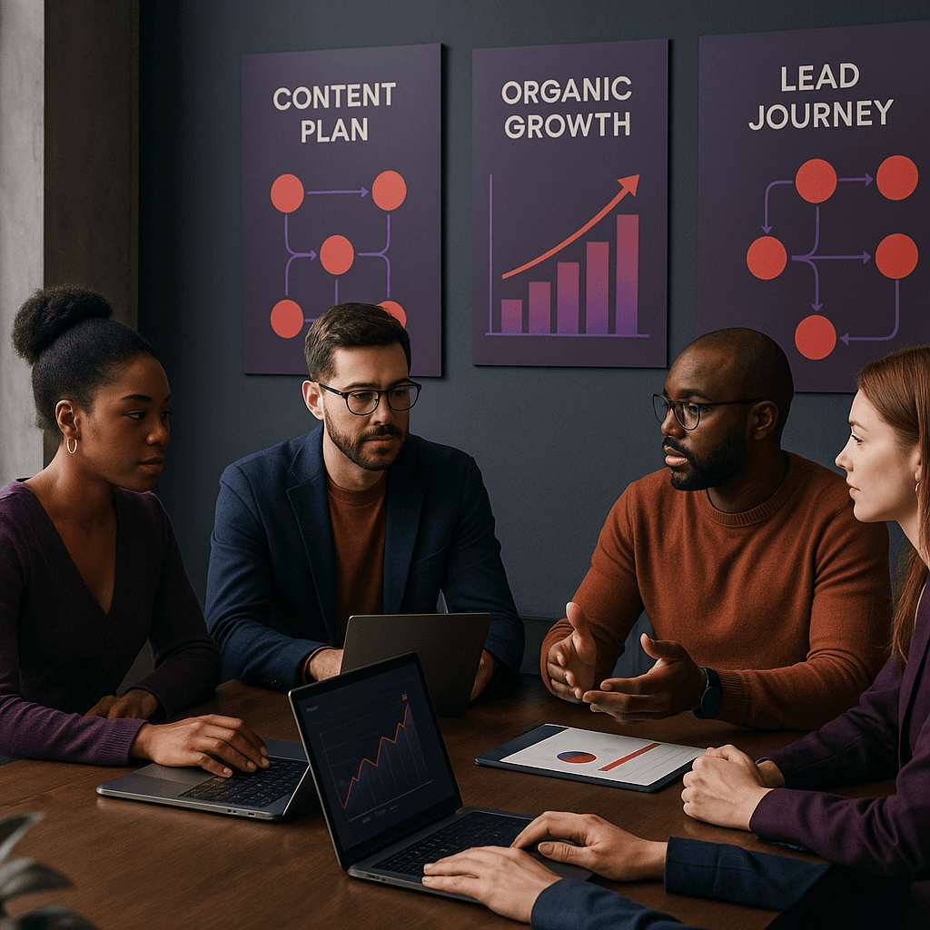 Equipe de educação corporativa planejando uma estratégia de blog para geração de leads