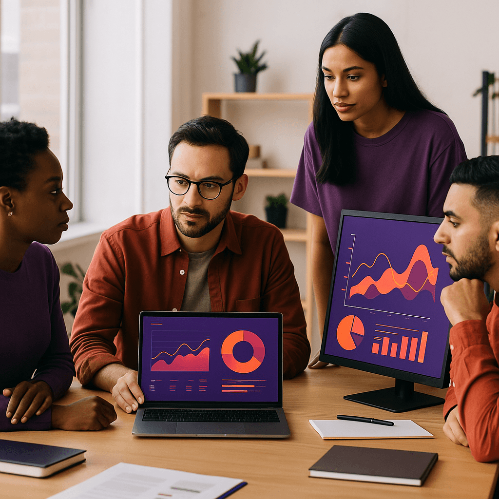 Equipe analisando o desempenho de um site otimizado em ambiente corporativo