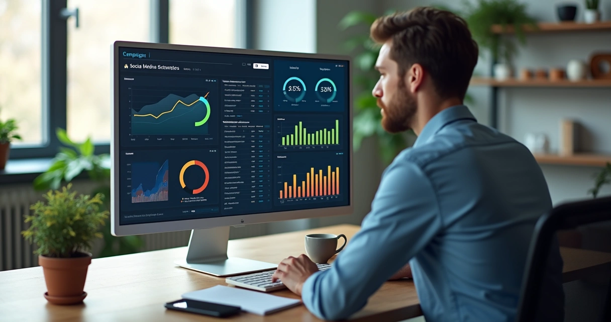 Profissional analisando gráficos e métricas de campanhas digitais nas redes sociais em tela de computador