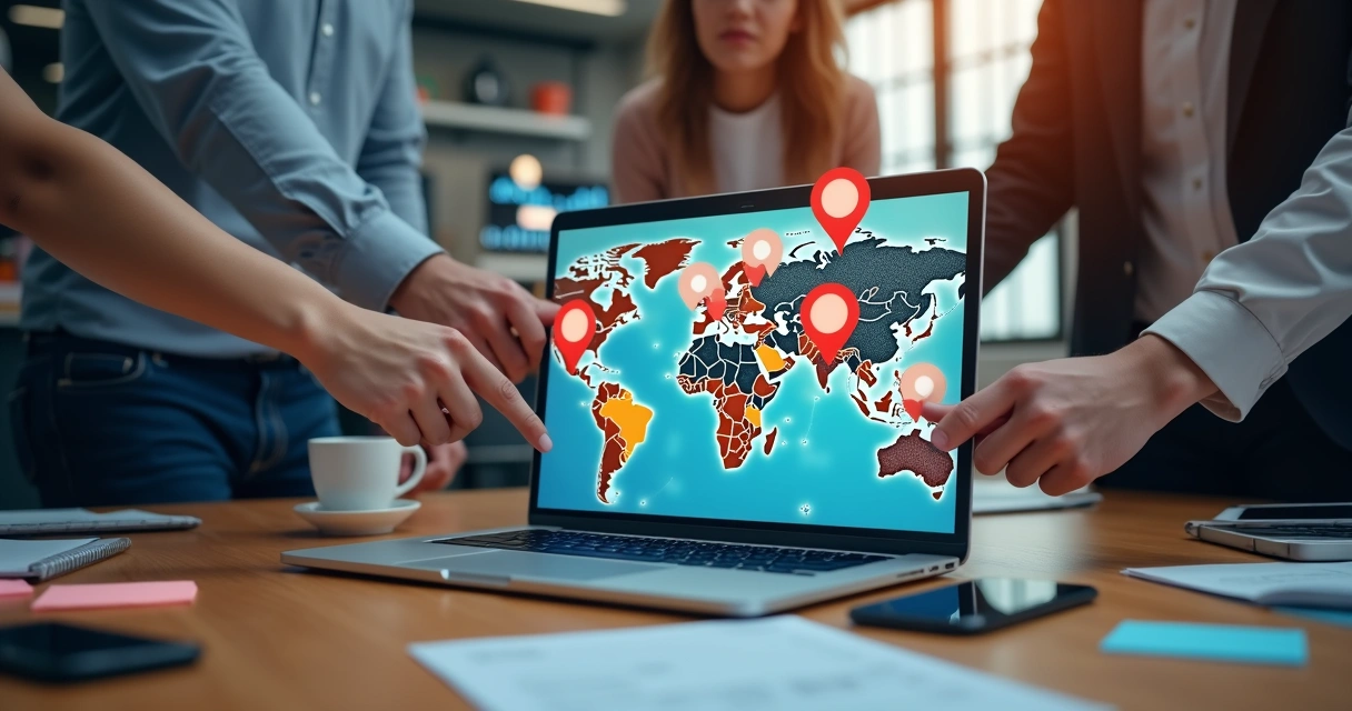 Mesa de trabalho com laptop aberto mostrando mapa digital, pessoas colaborando e ícones de localização e redes sociais