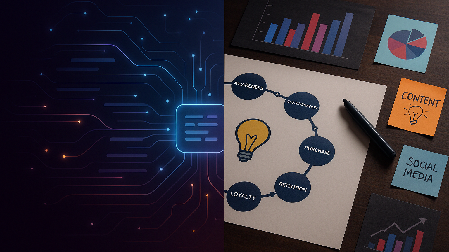 Composição editorial comparando inteligência artificial e estratégia de uma agência de marketing