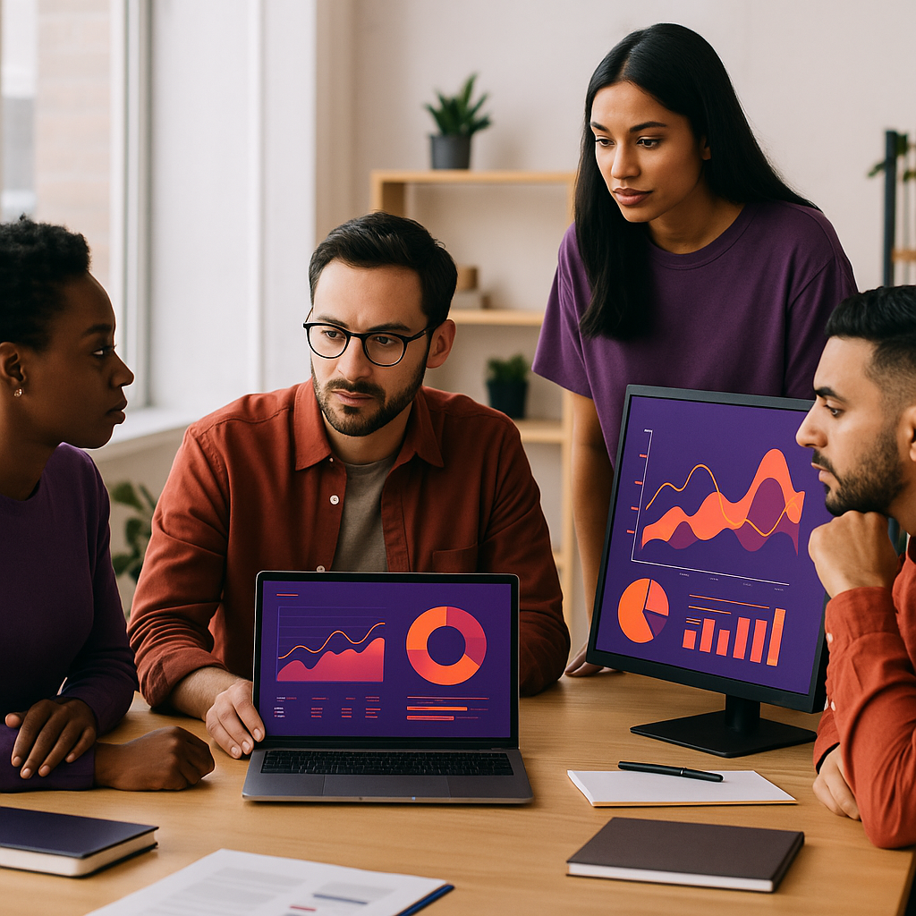 Equipe analisando o desempenho de um site otimizado em ambiente corporativo