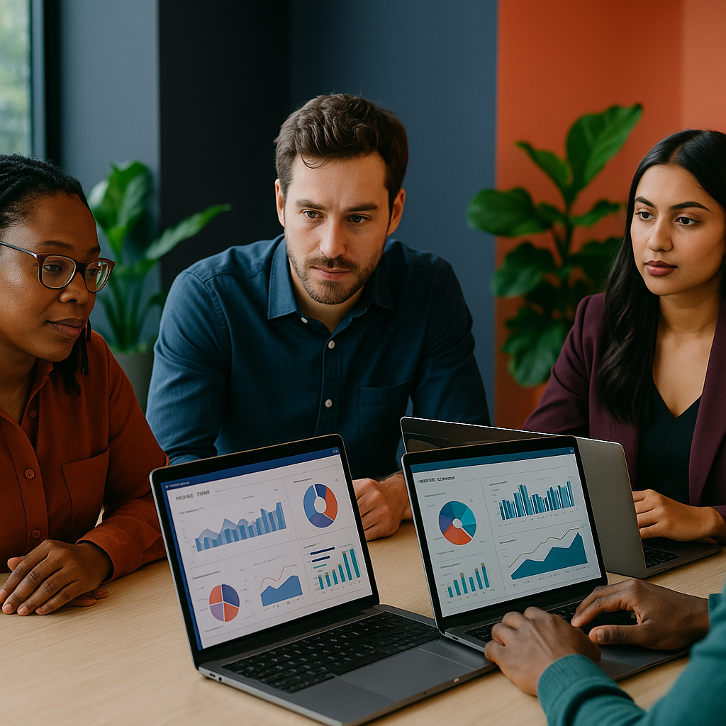 Equipe de escritório contábil analisando campanhas de tráfego pago e indicadores de marketing